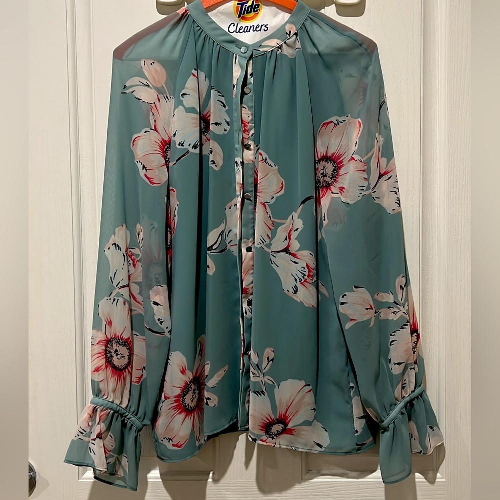Ann Taylor Sage Green Floral Button Up Sheer Long Sleeve Top Size M
